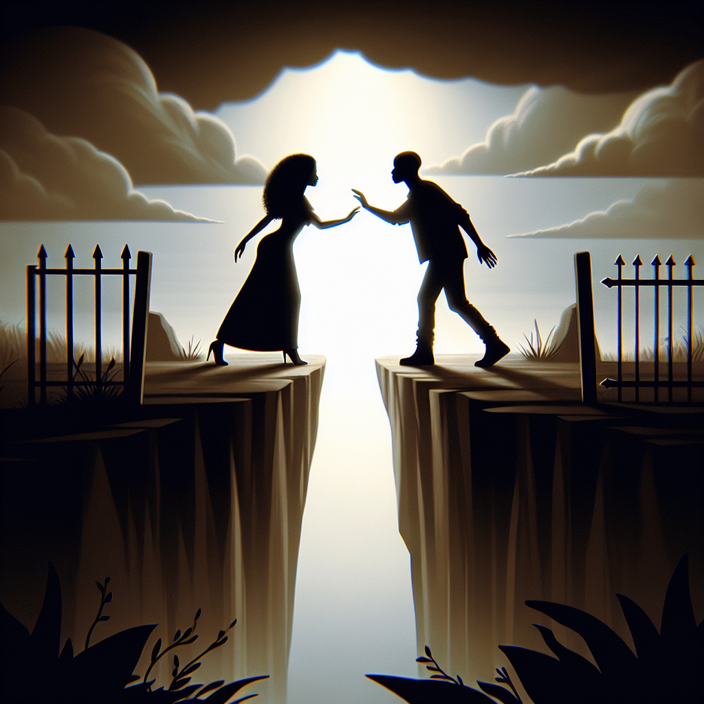 Two silhouettes reaching toward each other across a dramatic divide, symbolizing forbidden love with soft romantic lighting and subtle barriers between them