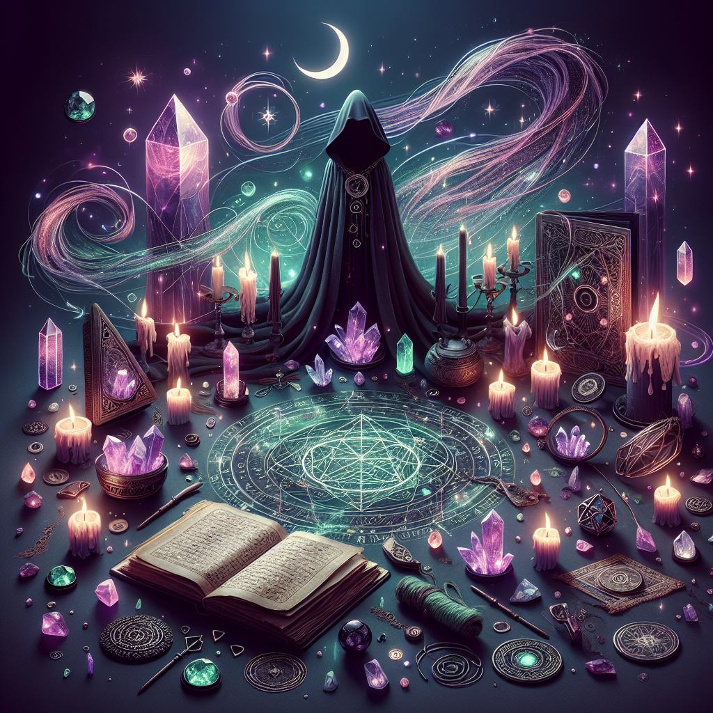 A mystical scene featuring flowing dark robes, glowing crystals, ancient spell books, and candles arranged around a crescent moon symbol, with deep purple and emerald green lighting creating an enchanting witchcore atmosphere