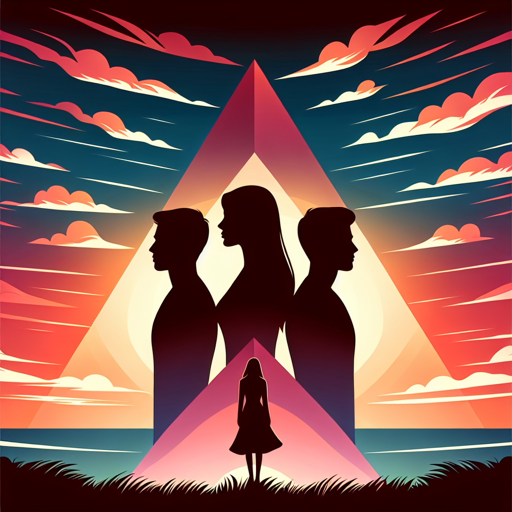 Three silhouettes positioned in a triangle formation against a romantic sunset backdrop, representing the classic love triangle dynamic in romance literature