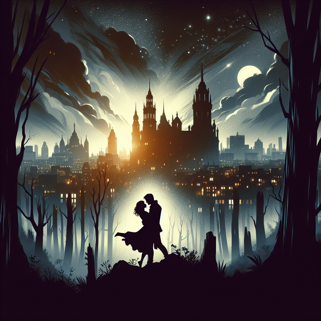A dramatic book cover montage featuring shadowy figures embracing against dark, moody backgrounds with elements of danger like city lights, mysterious forests, and gothic architecture, representing the thrilling romance genre