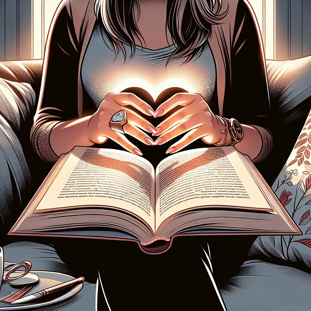 Close-up of a woman's hands holding an open book with romantic novel pages, soft lighting creating an intimate reading atmosphere, representing the emotional connection of female POV in romance literature