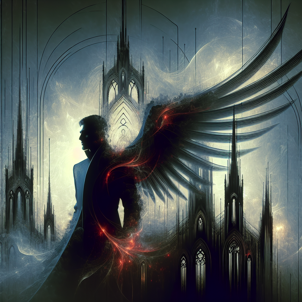 A dramatic silhouette of a winged figure in an elegant dark suit standing against a backdrop of gothic architecture with glowing red accents and swirling shadows