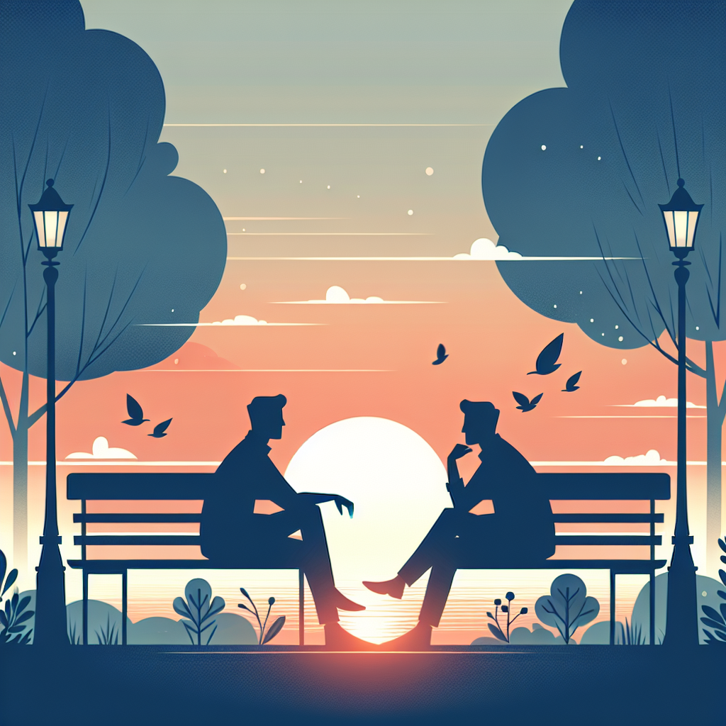 Two silhouetted figures sitting apart on a park bench at sunset, with subtle body language suggesting growing attraction and emotional tension between them