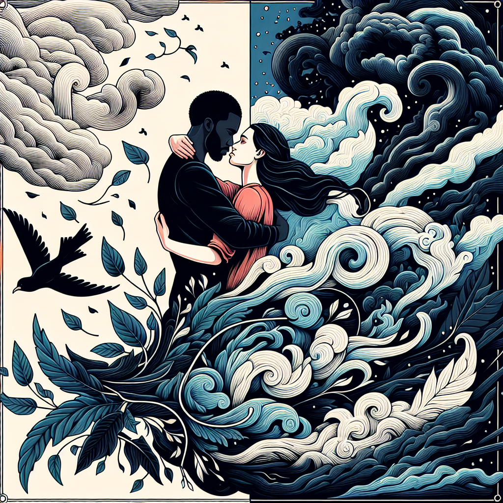 Split artistic illustration showing a romantic couple embracing on one side representing protagonists, contrasted with a shadowy figure and stormy elements on the other side representing antagonistic forces, connected by intertwining decorative elements symbolizing the narrative tension between them