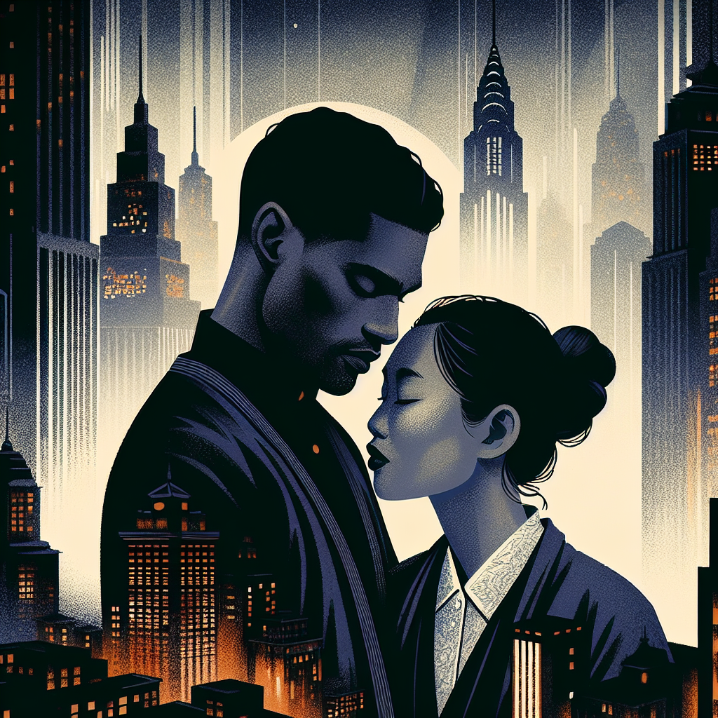 A dimly lit scene showing a couple in an intimate embrace against the backdrop of a shadowy cityscape at night, with mysterious silhouettes and amber street lights creating an atmosphere of romance and intrigue