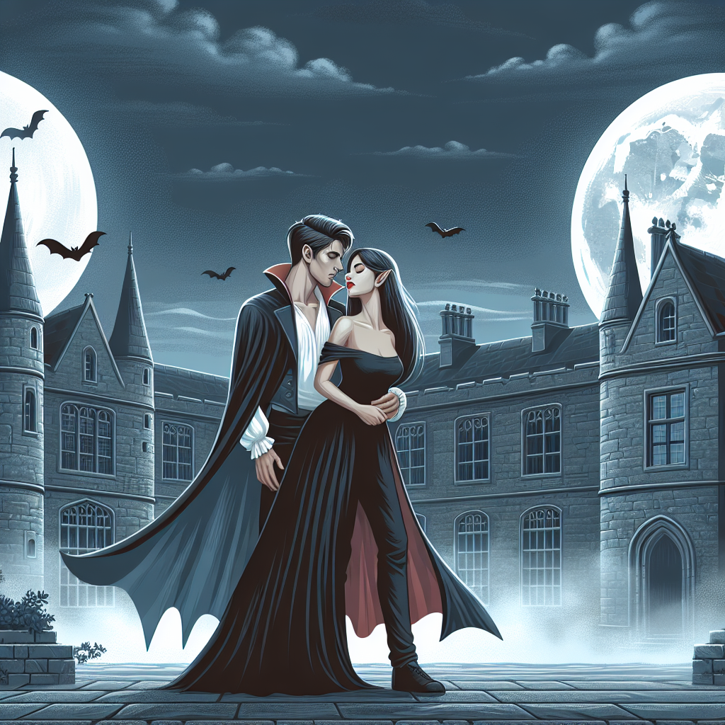 Ethereal vampire couple embracing in moonlit Gothic castle courtyard, with ancient stone architecture and mysterious fog creating an atmospheric romantic scene