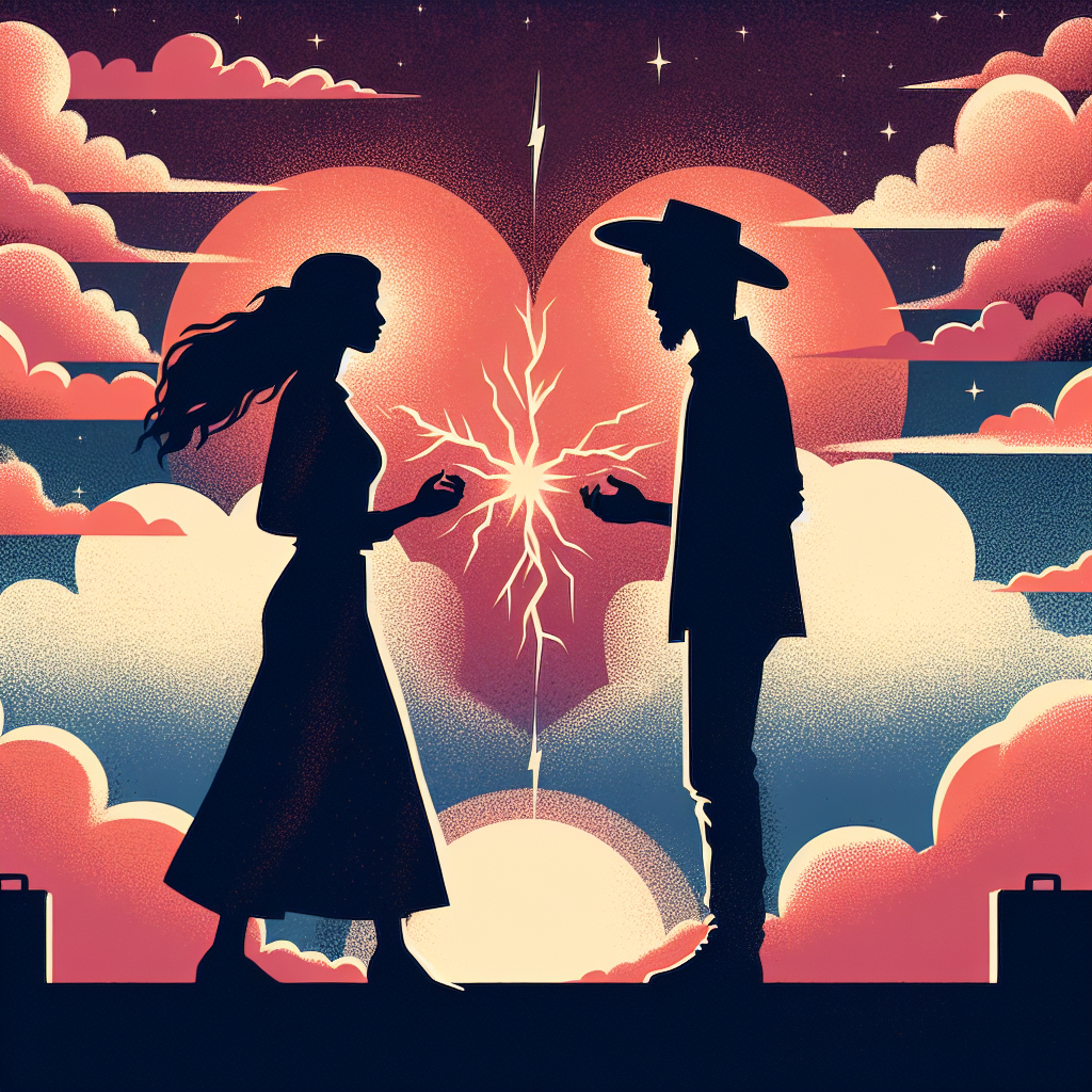 Two silhouettes facing each other in confrontational poses against a dramatic sunset backdrop, with sparks or lightning between them suggesting both conflict and attraction