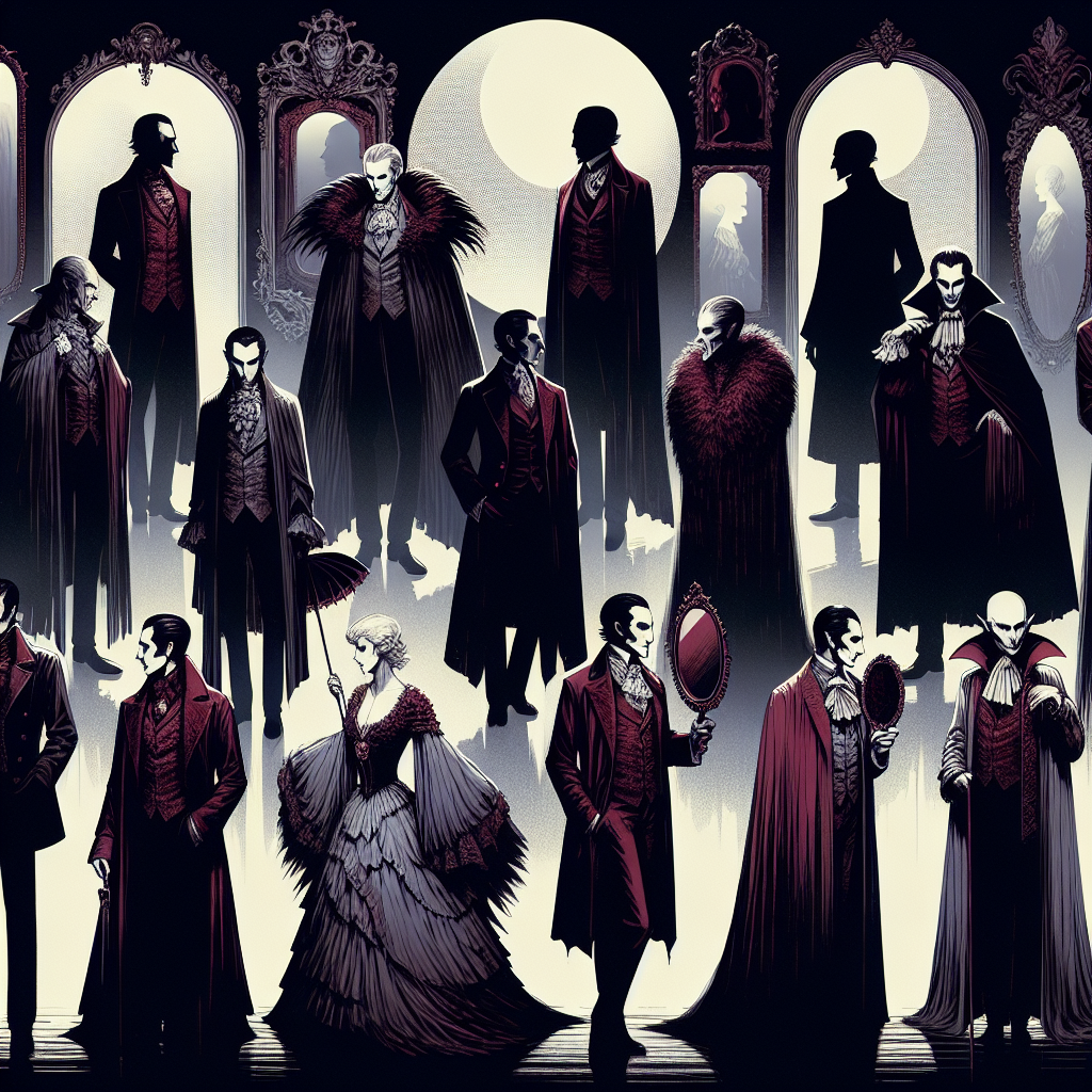 A darkly romantic illustration featuring silhouettes of different vampire archetypes - from aristocratic figures in flowing capes to modern, rebellious characters - set against a moonlit gothic backdrop with ornate mirrors reflecting their eternal nature.