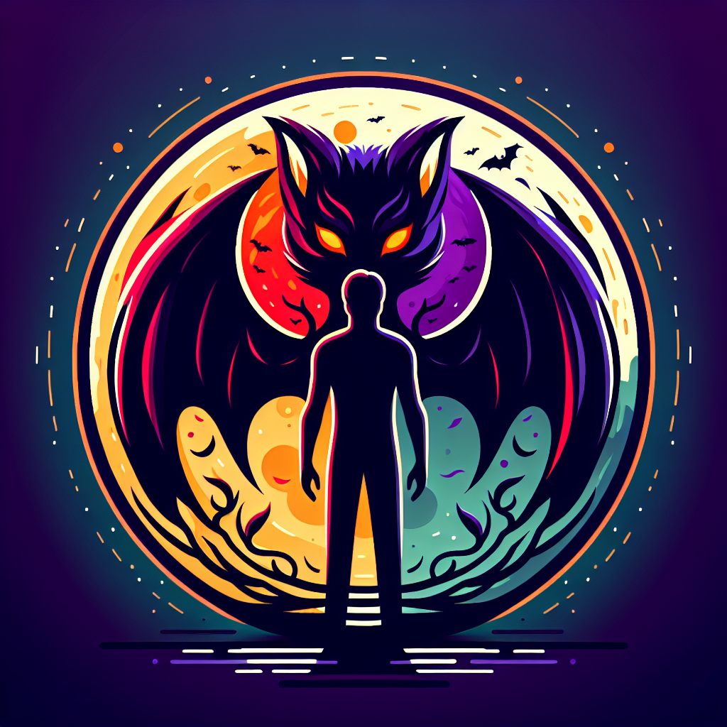 A mysterious silhouette figure with glowing eyes standing under a full moon, surrounded by both bat wings and wolf features, representing the dual nature of vampire-werewolf hybrids in paranormal romance
