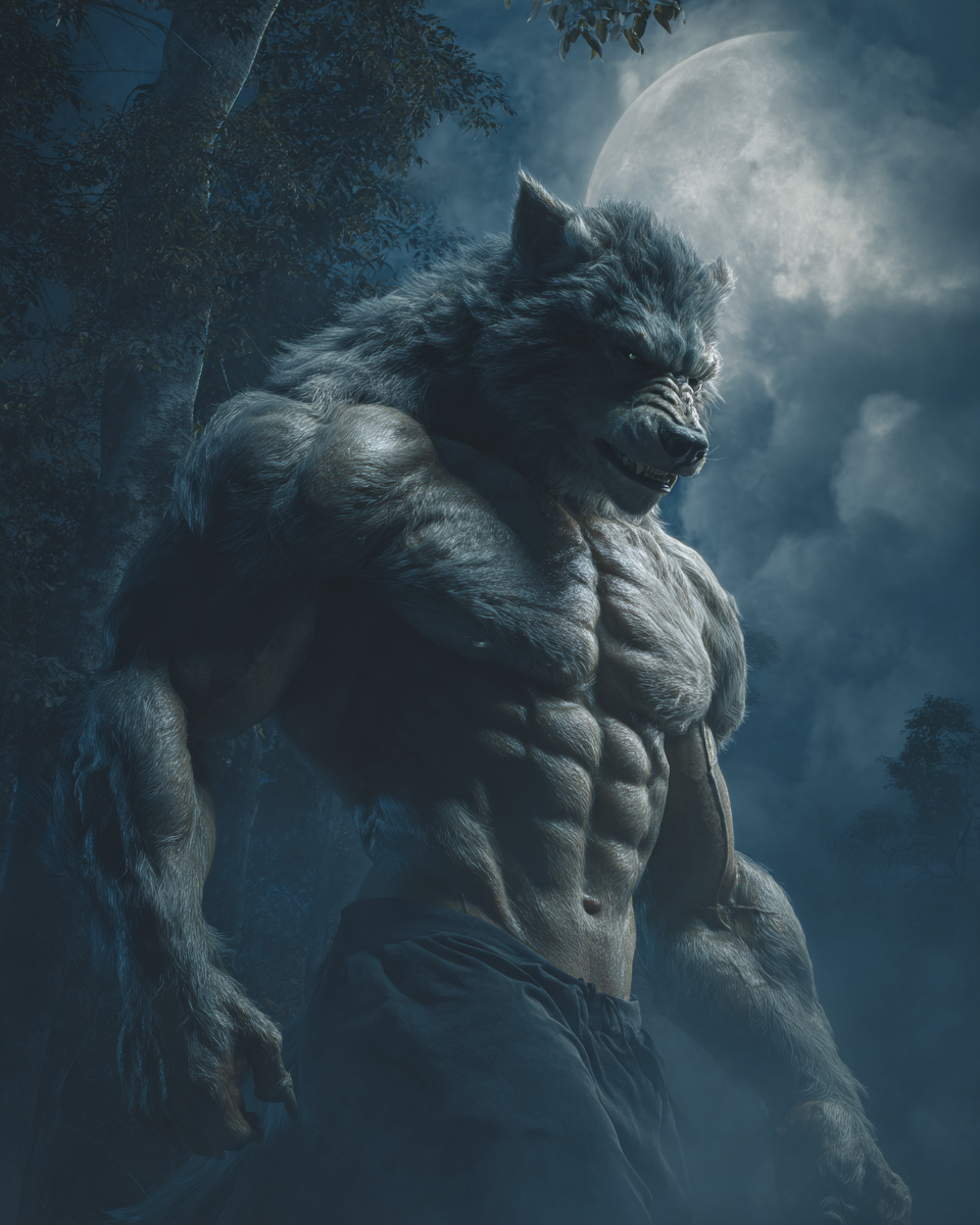A dramatic split-screen illustration showing a humanoid lycan in hybrid form on the left with glowing eyes and upright posture, contrasted with a traditional werewolf in full wolf form on the right under moonlight, highlighting their distinct appearances and mythological differences.