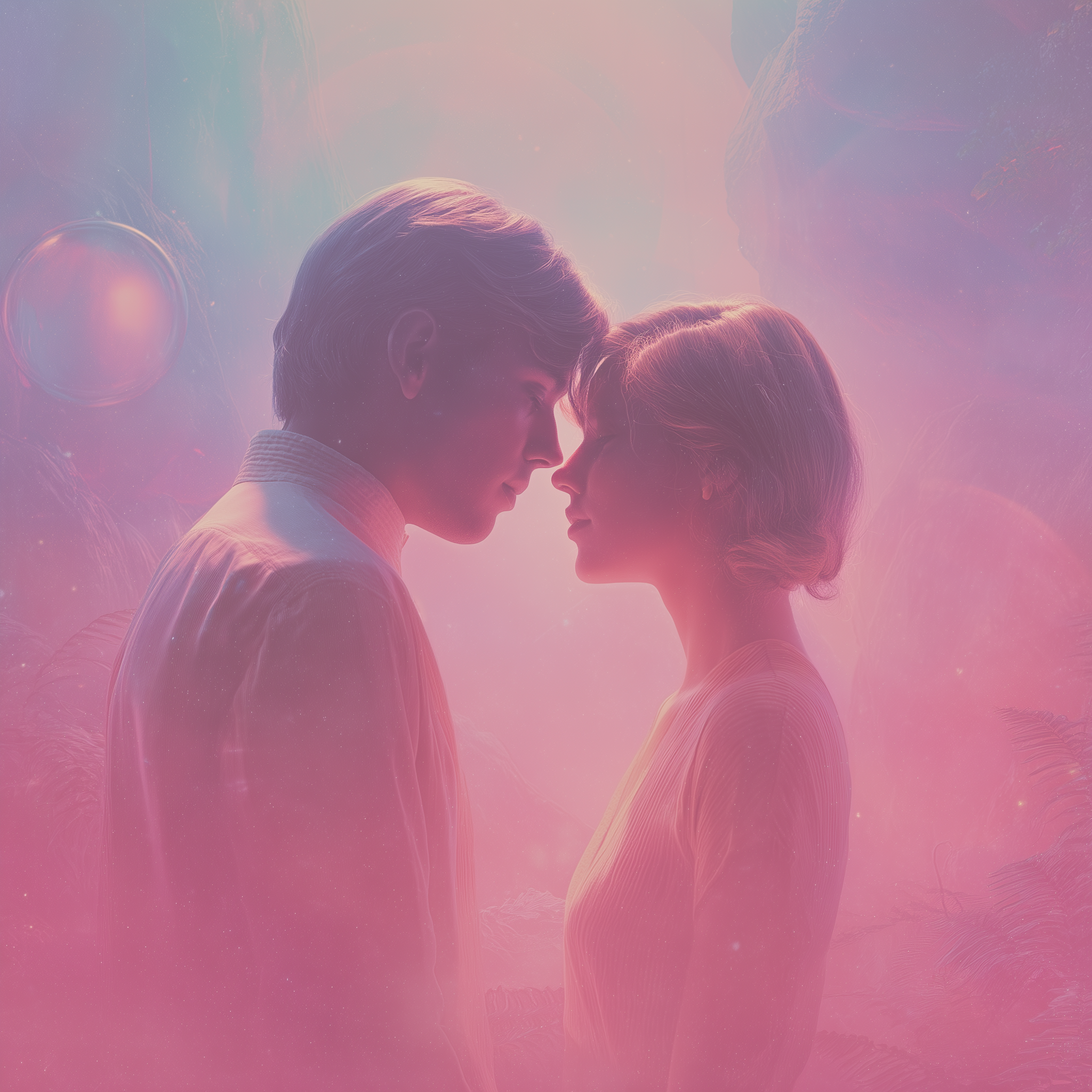 A romantic silhouette of a human and alien figure embracing against a starry galaxy background with multiple moons and distant planets